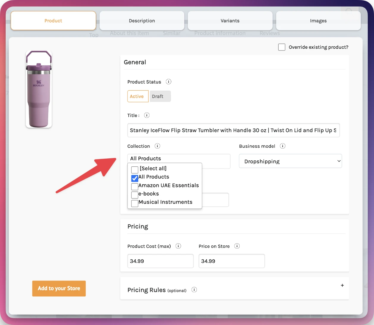 Screenshot from How to import product to specific collection on your Wix store using Zonify?